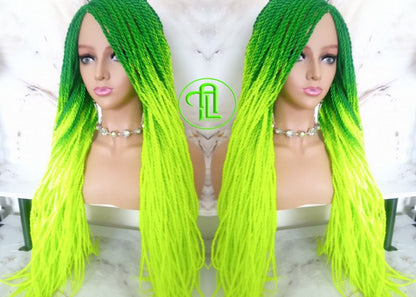 Green Florescent Gradient Chartreuse Slime Green Ombre Senegalese Twist Braid Wig Small Long Unicorn Braids Neon Festival EDC