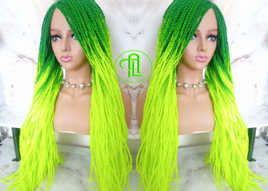 Green Florescent Gradient Chartreuse Slime Green Ombre Senegalese Twist Braid Wig Small Long Unicorn Braids Neon Festival EDC