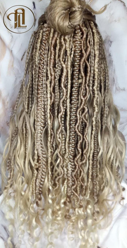 Dread Braid Bangs Full Wig Twist Soft Crochet Boho Synthetic Dread Braid Bohemian Dark Root Ombre Brown Blonde Long Wavy Curly Balayage Wig