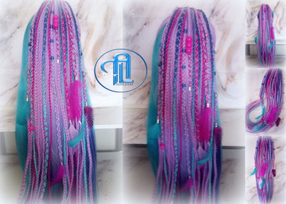 Ponytail Hair Fall Extensions Purple Pink Blue Elements Accents Feathers synthetic box braids hair scrunchie clip in Clip on Braids