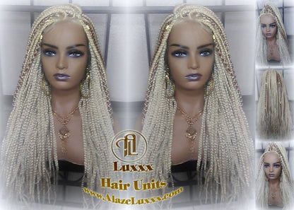Blonde 613 27 Mix Box Braid Wig Ombre Balayage Honey Blonde Platinum Lace Baby Hair Unit Small Medium Straight Plaits! Braid Lace Wig