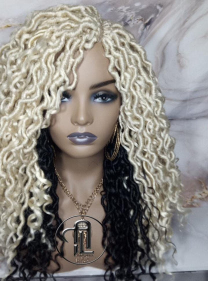 Blonde 613  Black 2 Tone Goddess Faux Locs 14in Short Braid Wig Platinum White Blonde River Locs Wig Gypsy Bohemian Boho Simple Lace Part