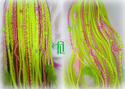 Ponytail Hair Fall Extensions Pink Green Florescent Ombre Elements Accents Feathers synthetic box braid hair scrunchie clip in Clip on Braid