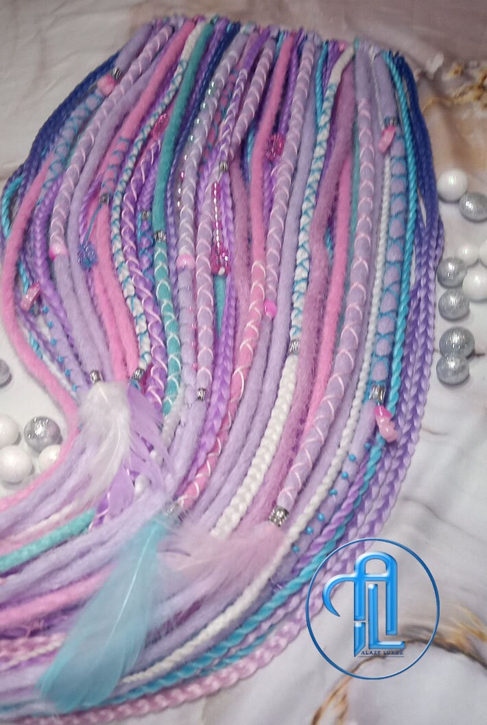 Purple Unicorn Cotton Candy Single Ended SE Set Crochet Boho Dread Braid Extensions Kawaii Festival Hair Teddy Bear Charms Hair Pink Blue
