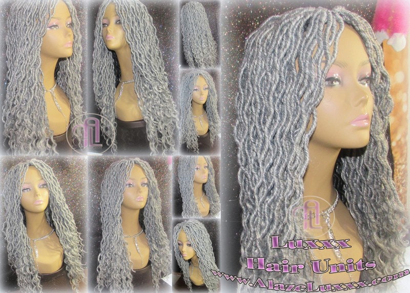 Storm Silver Grey Gray 44 51 Platinum Storm Gypsy Bohemian Boho Goddess Faux Dread Locs Wig Unit Wavy Dred  Ready to ship