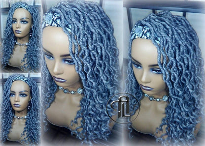Headband Wig Short 14in Goddess Faux Dread Locs Salt N Pepper 44 51 Gypsy Boho Silver Grey Gray Platinum Storm Wig Unit Wavy READY TO SHIP