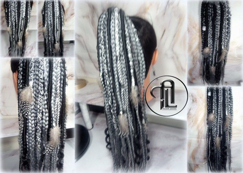 Viking Ponytail Hair Fall Extensions Black Silver Grey  Elements Accents Feathers Jungle box braids hair scrunchie Butterfly