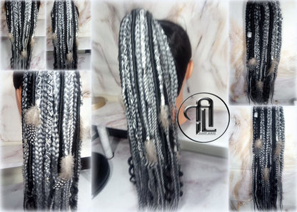 Viking Ponytail Hair Fall Extensions Black Silver Grey  Elements Accents Feathers Jungle box braids hair scrunchie Butterfly