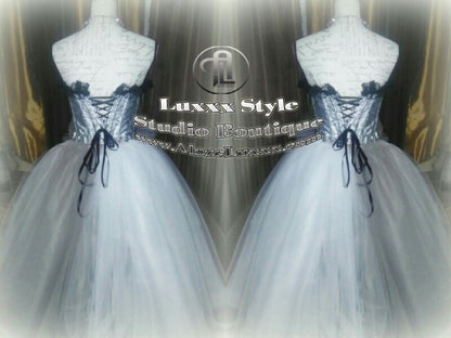 Burlesque Wedding Prom Party Dress Quinceanera Cosplay EDC RAVE Festival Silver White TuTu Tulle Corset Skirt Sweet16 Bridesmaid Homecoming
