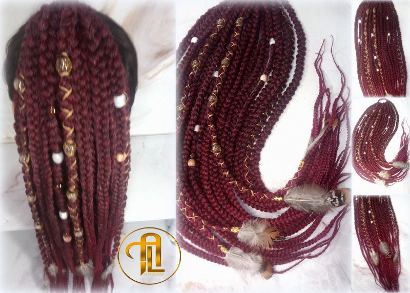Viking Ponytail Hair Fall Extensions Ombre Black Red Burgundy Gold Elements Accents Feathers Jungle box braids hair scrunchie Butterfly