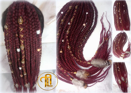 Viking Ponytail Hair Fall Extensions Ombre Black Red Burgundy Gold Elements Accents Feathers Jungle box braids hair scrunchie Butterfly