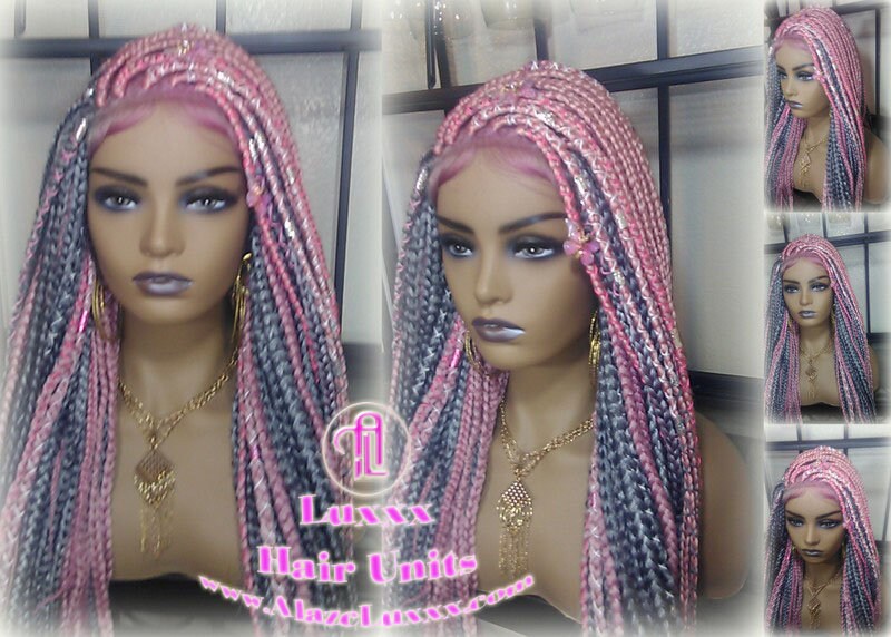 Pink Grey Mermaid Wig Box Braids braided Synthetic hair Lace Baby hair Light Pink wig pink extensions stage hair gypsy Boho Butterfly