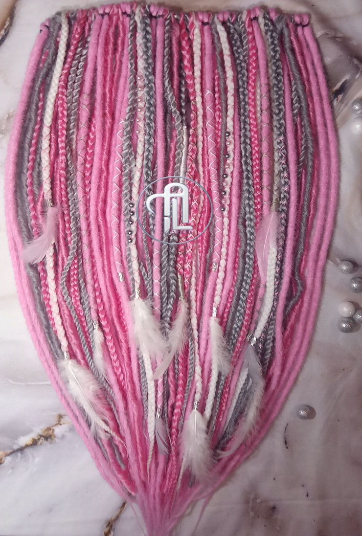 Pink Gray White Straight Single Ended SE Set Kit Soft Crochet Boho Dread Braid Hair Wrap Extensions Festival Hair Partial Single Loop Dread