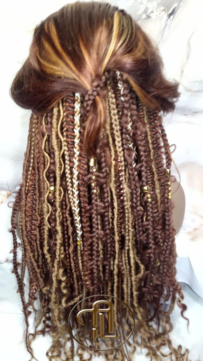Human Hair Lace Frontal Dread Braid Twist Boho Synthetic Side Part Bohemian Ombre Brown Blonde Long Wavy Curly Balayage Wig