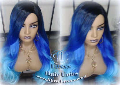Blue Ombre Gradient Human Hair Wig Weave Extensions Mermaid long rainbow weave weft tracks bohemian Goddess