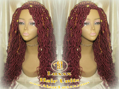 Braided Wig Rich Red Burgundy Gold Goddess Faux Loc Alopecia Hair Thinning Cancer Wigs Protective Box Braid Kinky Twist Crochet Braided Wig