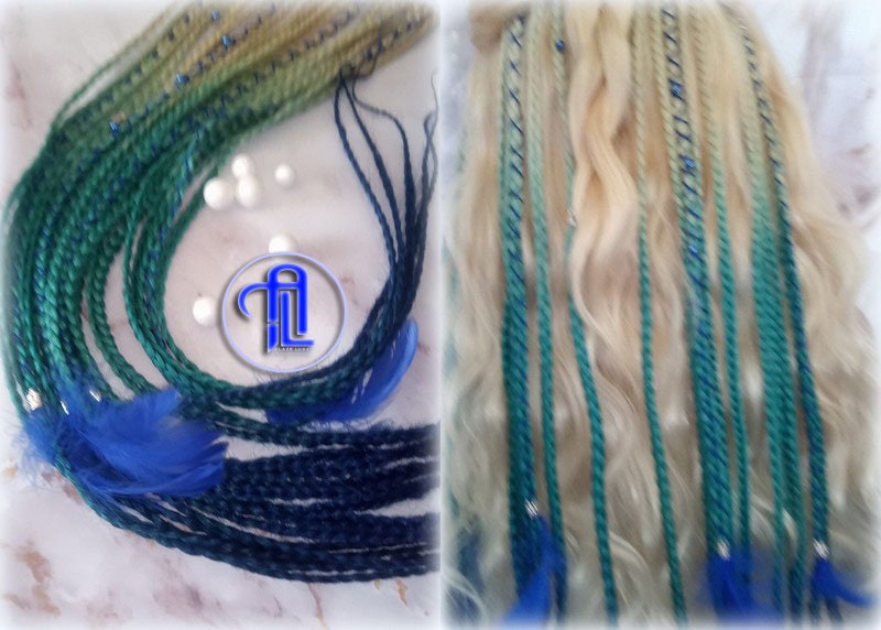 Blonde Teal Green Blue Ombre Clip in Braid Long 24 in Boho Extensions Box braiding hair Rave Festival Elements Feathers