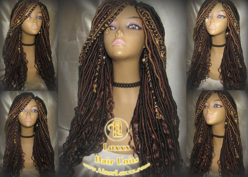 Brown Long Wavy Goddess Faux Locs Blonde Honey 30 33 27 Hair Gypsy Bohemian Boho Dread Loc 27 DE SE Dred Lock  Braided Wigs Festival Hair