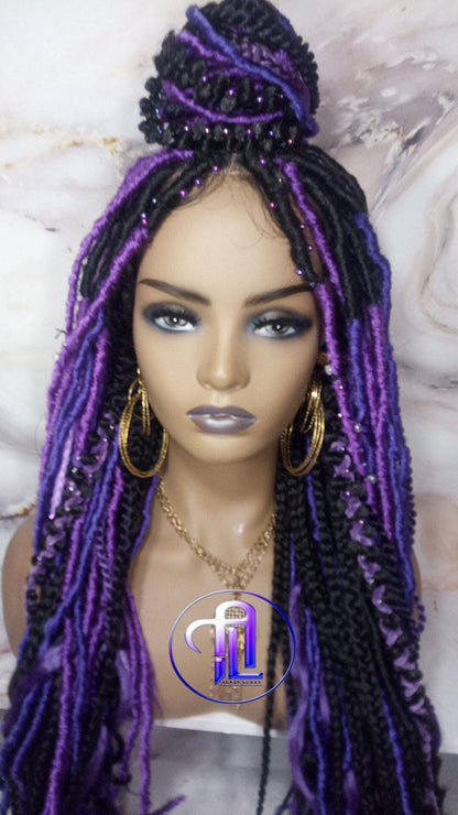 Full Lace Braid Dread Wig Black Purple Ombre Lavendar Goddess Faux Loc Wig Mermaid long rainbow boho bohemian braids wig