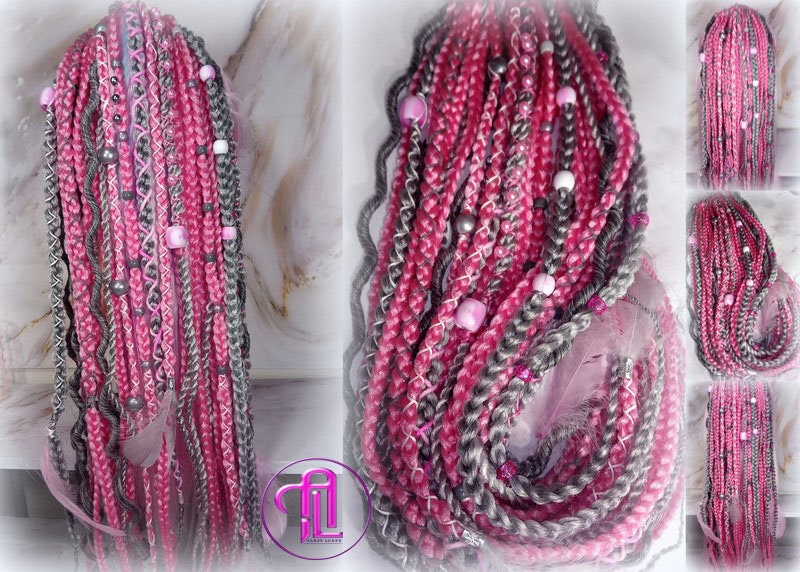 Pink Grey Silver Ponytail Hair Fall Extensions Elements Accents Feathers synthetic box braids hair scrunchie clip in Clip on Braids