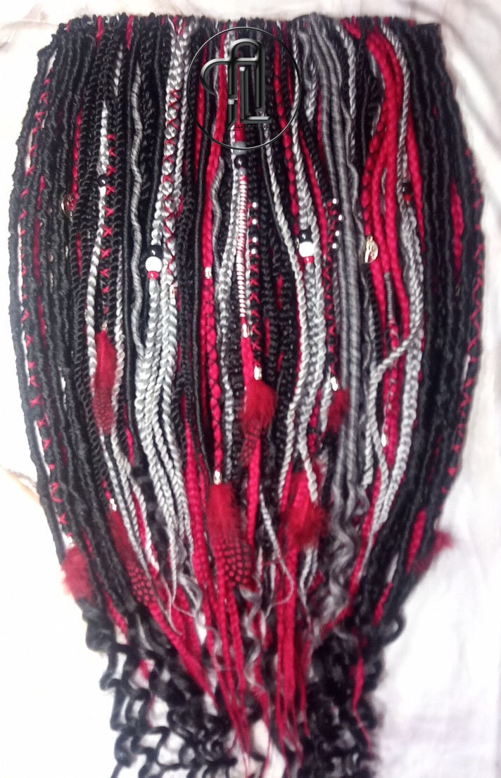 Red Black Silver Single Ended SE Set Kit  Soft Crochet Boho Dread Braid Hair Wrap Extensions Textured EDC EDM Hair Outfit Single Loop Dread