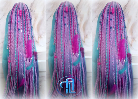 Ponytail Hair Fall Extensions Purple Pink Blue Elements Accents Feathers synthetic box braids hair scrunchie clip in Clip on Braids