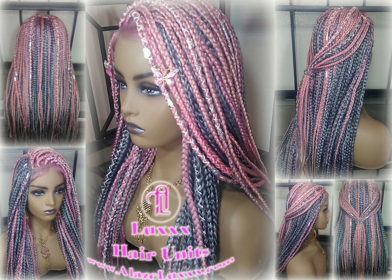 Pink Grey Mermaid Wig Box Braids braided Synthetic hair Lace Baby hair Light Pink wig pink extensions stage hair gypsy Boho Butterfly
