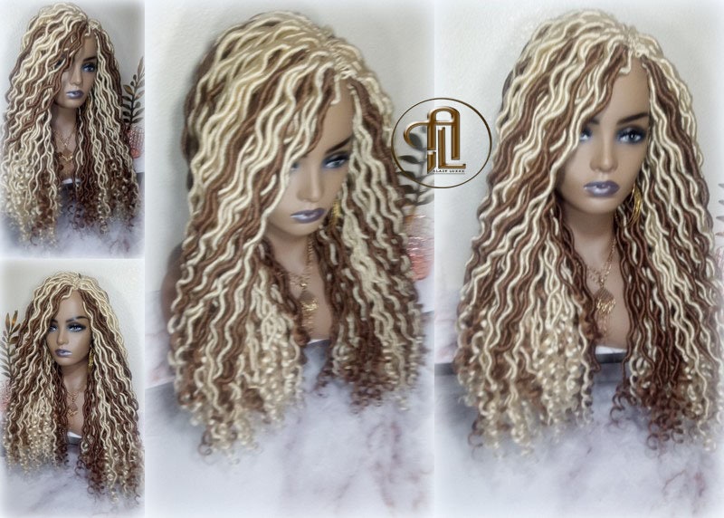 Goddess Faux Boho Platinum Blonde Braid Wig Gypsy Bohemian Full Wavy Dread Set Dread Locs Wig Honey Blonde #613 #27  Wavy Dred Lock Cosplay