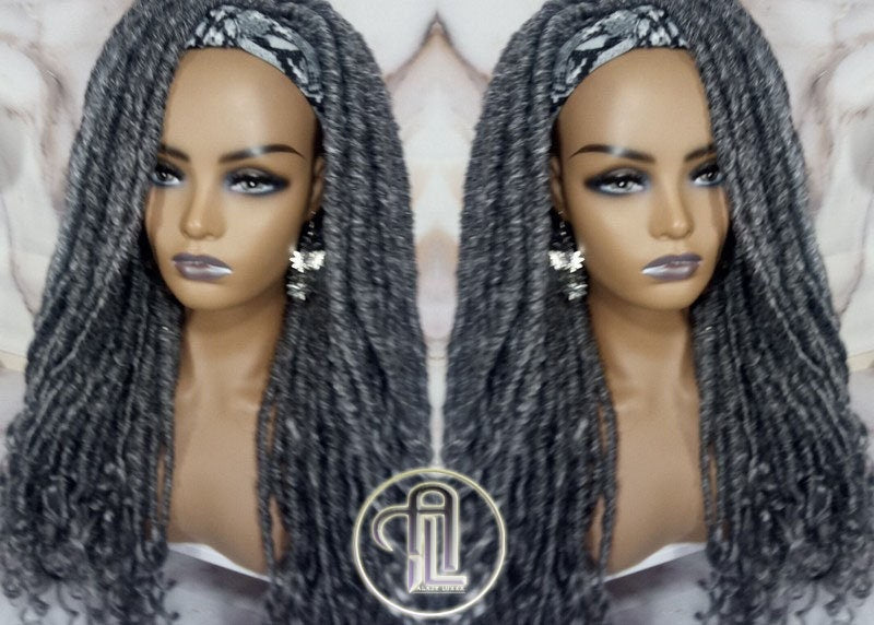 Headband Wig Fluffy Goddess Faux Dread Locs Salt N Pepper 44 51 Gypsy Boho Silver Grey Gray Platinum Storm Wig Unit Wavy Ready to Ship