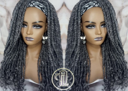 Headband Wig Fluffy Goddess Faux Dread Locs Salt N Pepper 44 51 Gypsy Boho Silver Grey Gray Platinum Storm Wig Unit Wavy Ready to Ship