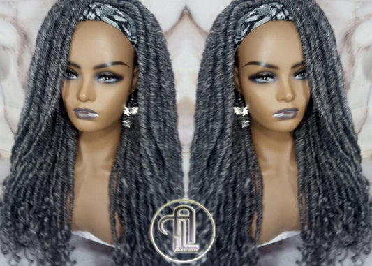Headband Wig Fluffy Goddess Faux Dread Locs Salt N Pepper 44 51 Gypsy Boho Silver Grey Gray Platinum Storm Wig Unit Wavy Ready to Ship