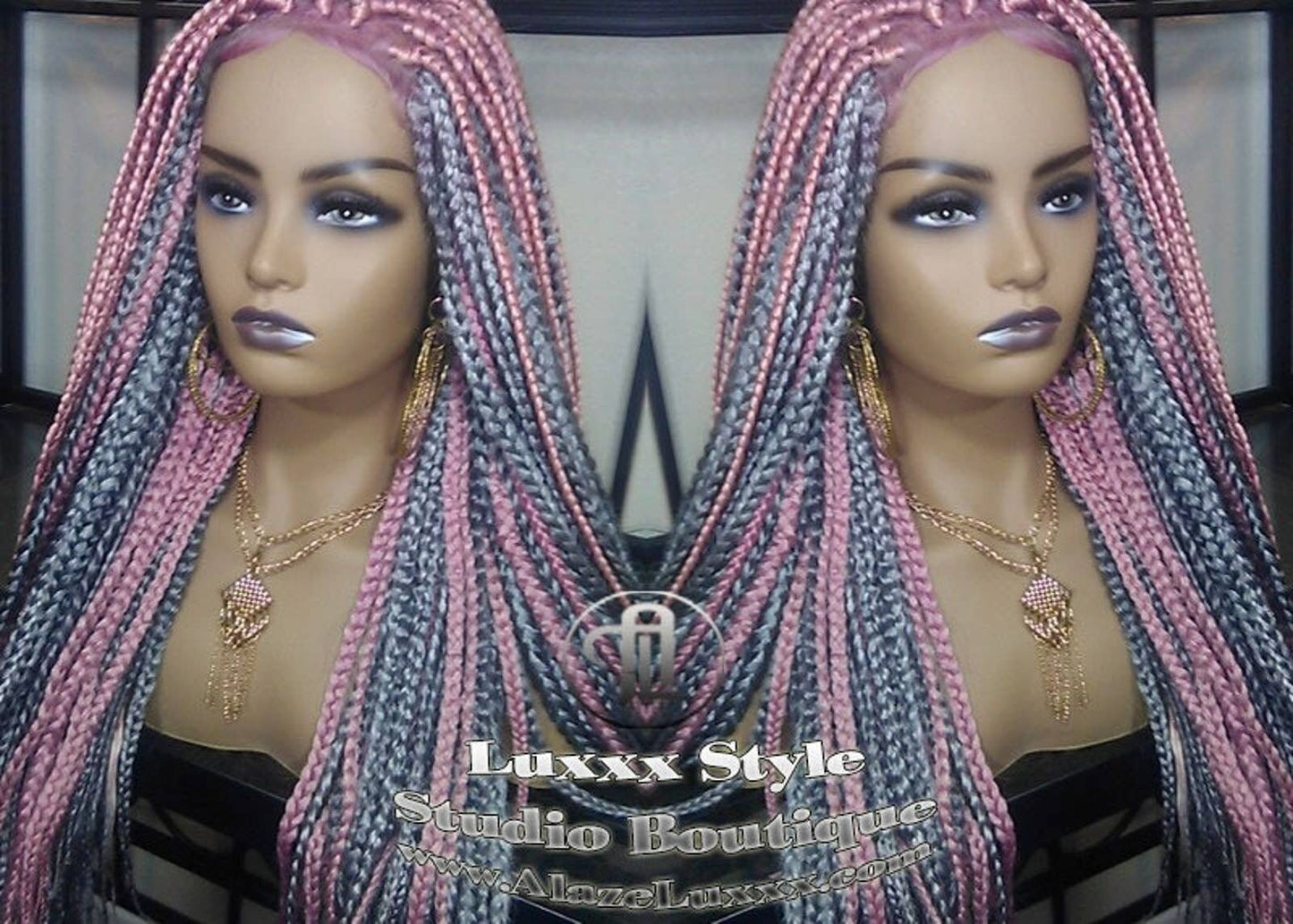 Mermaid Pink Grey Wig Box Braids braided Lace closure Baby hair Light Pink wig pink extensions stage hair gypsy Cosplay Drag Queen