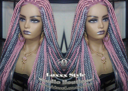 Mermaid Pink Grey Wig Box Braids braided Lace closure Baby hair Light Pink wig pink extensions stage hair gypsy Cosplay Drag Queen