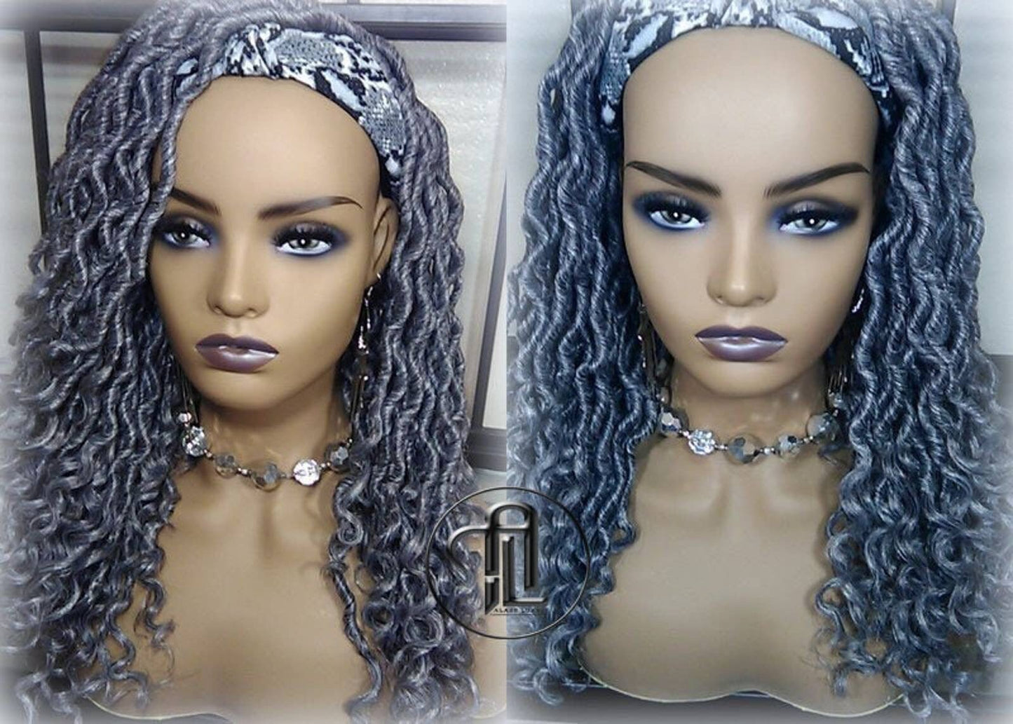 Headband Wig Short 14in Goddess Faux Dread Locs Salt N Pepper 44 51 Gypsy Boho Silver Grey Gray Platinum Storm Wig Unit Wavy READY TO SHIP