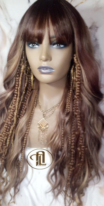 Full Wig Dread Braid Bangs Twist Soft Crochet Boho Synthetic Dread Braid Bohemian Dark Root Ombre Brown Blonde Long Wavy Curly Balayage Wig