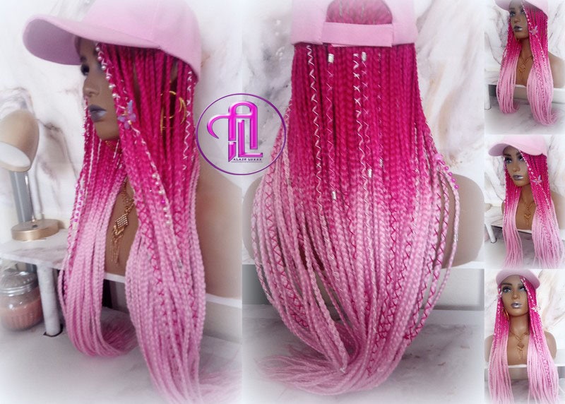 Hot Pink Light Pink Ombre Box Braid Hat Wig  Gym Hat Baseball Cap Braided Hair Hat Wig Cap Chemo Hat Alopecia Breast Cancer Awareness