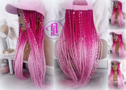 Hot Pink Light Pink Ombre Box Braid Hat Wig  Gym Hat Baseball Cap Braided Hair Hat Wig Cap Chemo Hat Alopecia Breast Cancer Awareness