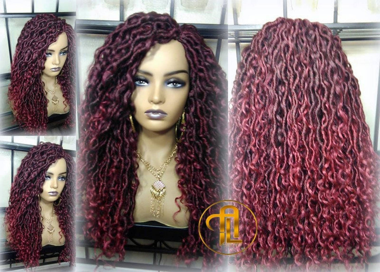 Red 530 Black Mix Goddess Faux Loc Curly Boho Braided Wig Gypsy Bohemian Boho Dread DE SE Dred Lock Hair wig Ready to ship