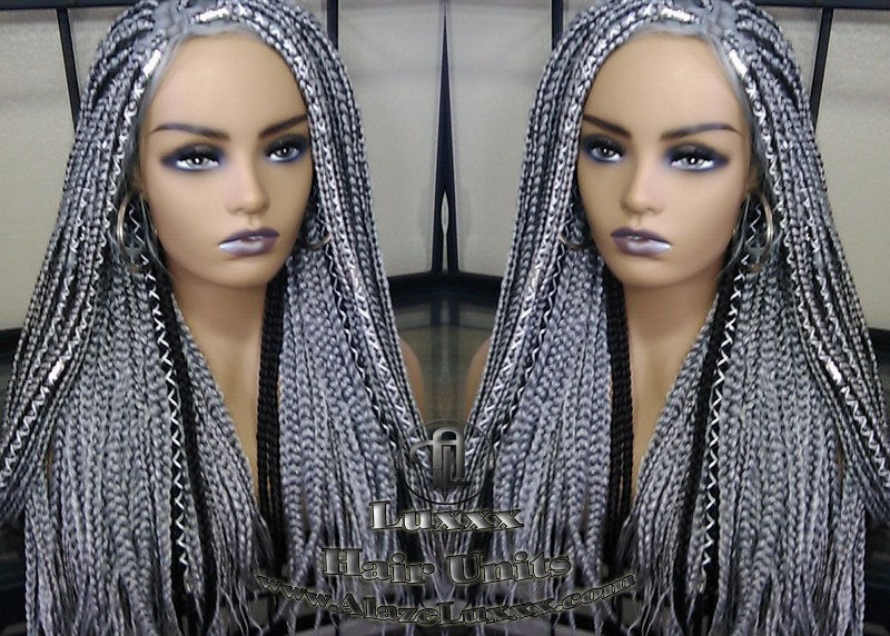 Box Braid 44 51 Wig Grey Gray Black 1b Silver Metallic Chrome Lace Baby Hair Storm Long Medium Straight Glueless! Braid Lace Wig