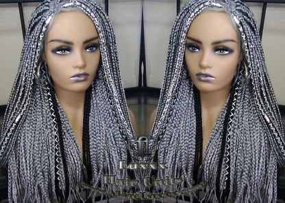 Box Braid 44 51 Wig Grey Gray Black 1b Silver Metallic Chrome Lace Baby Hair Storm Long Medium Straight Glueless! Braid Lace Wig