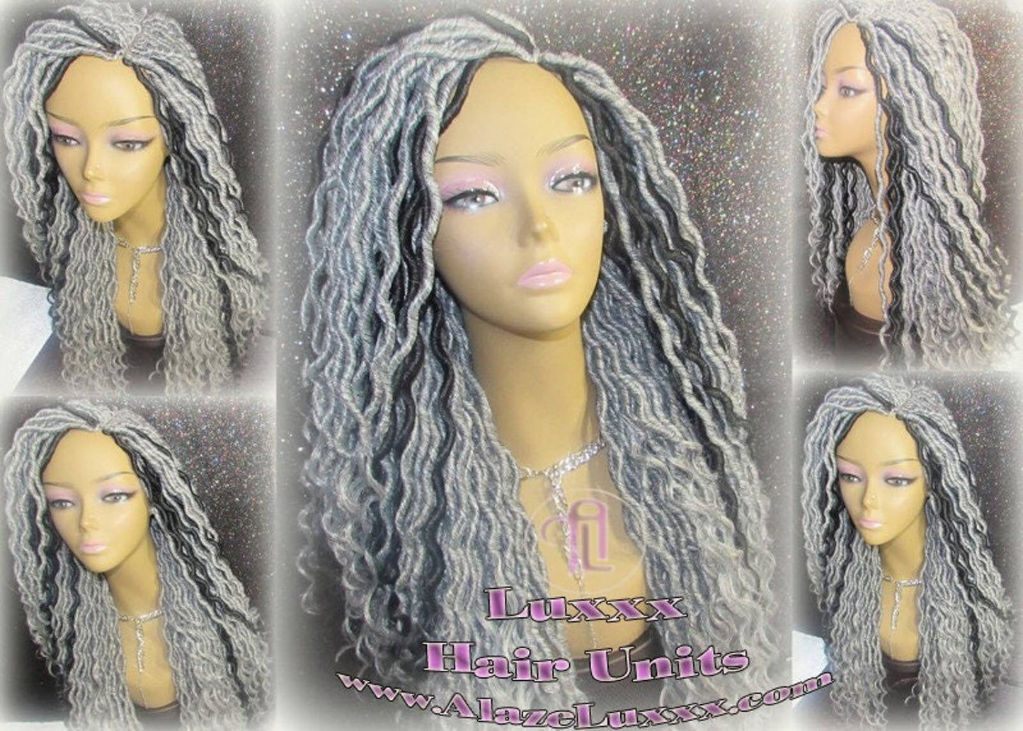 Silver Black 1B Grey Gray Salt N Pepper 44 51 Gypsy Boho Goddess Faux Dread Locs Platinum Storm Wig Unit Wavy