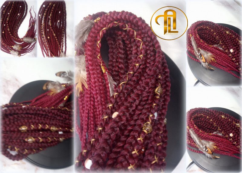 Viking Ponytail Hair Fall Extensions Ombre Black Red Burgundy Gold Elements Accents Feathers Jungle box braids hair scrunchie Butterfly