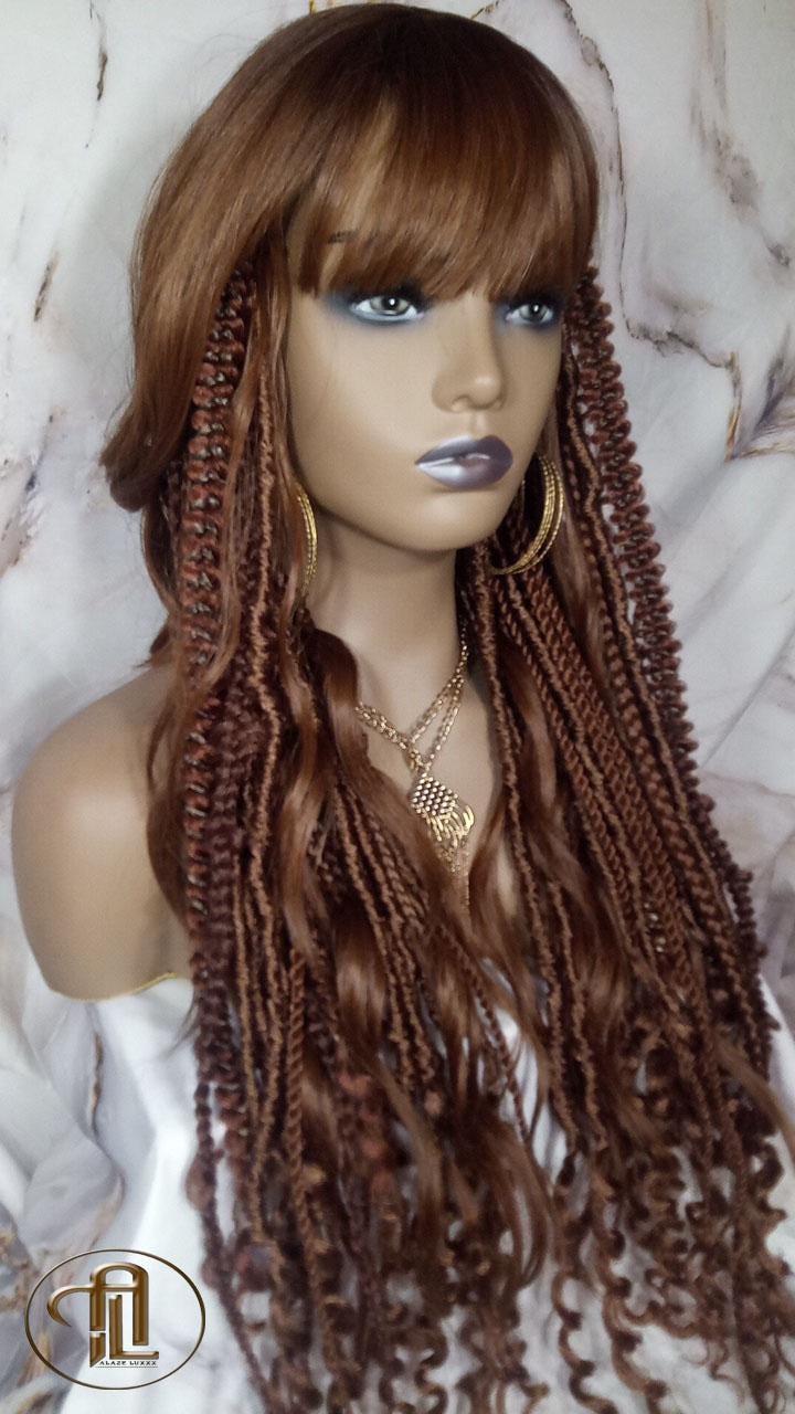 Full Wig Dread Braid Bangs Twist Soft Crochet Boho Synthetic Dread Braid Bohemian Dark Root Ombre Brown  Long Wavy Curly Textured Dreads