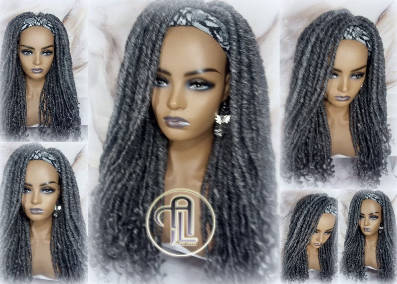 Headband Wig Fluffy Goddess Faux Dread Locs Salt N Pepper 44 51 Gypsy Boho Silver Grey Gray Platinum Storm Wig Unit Wavy Ready to Ship