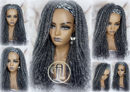 Headband Wig Fluffy Goddess Faux Dread Locs Salt N Pepper 44 51 Gypsy Boho Silver Grey Gray Platinum Storm Wig Unit Wavy Ready to Ship