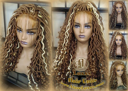 Honey Platinum Blonde Goddess Faux Gypsy Bohemian Boho  Loc Wig Blonde #613 #27 Wavy  Lace Closure DE SE Dred  Blonde Crochet Braided Wigs