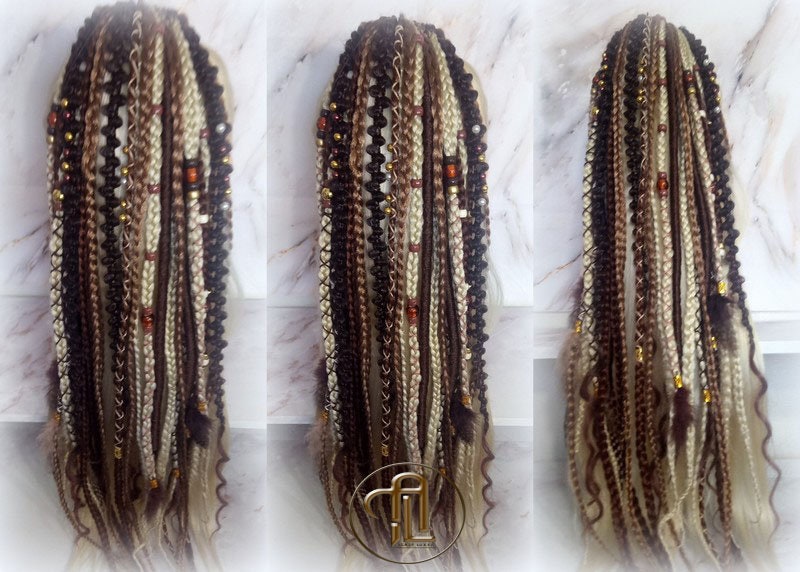 Braid Dread Ponytail Brown Blonde Hair Fall Viking Renaissance Extensions Feathers synthetic box braids hair scrunchie clipin bumpy lumpy