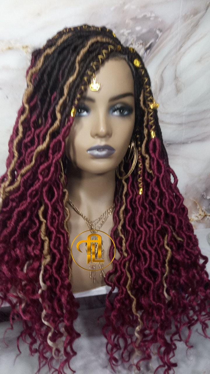 Full Lace Wig Red Burgundy 1b Black 530 Long Ombre Goddess Locs Honey Blonde 27 Marley Synthetic Braided Wig Curl Ends Bohemian Boho Gypsy