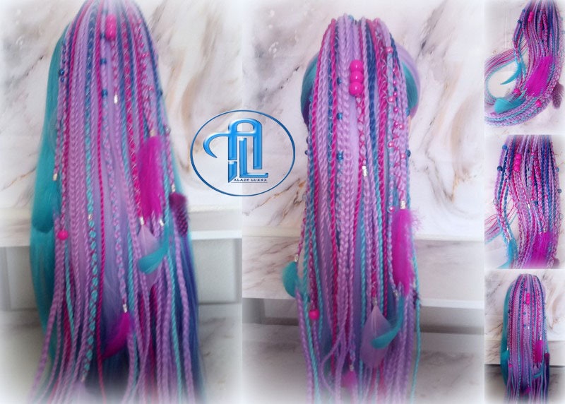 Ponytail Hair Fall Extensions Purple Pink Blue Elements Accents Feathers synthetic box braids hair scrunchie clip in Clip on Braids