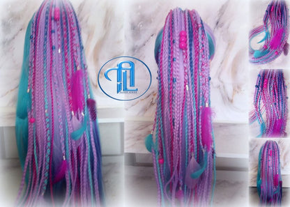 Ponytail Hair Fall Extensions Purple Pink Blue Elements Accents Feathers synthetic box braids hair scrunchie clip in Clip on Braids